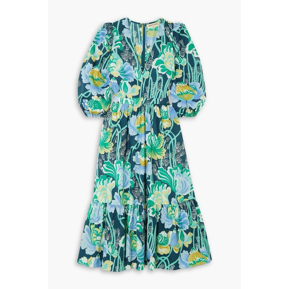 EMPORIO SIRENUSE Loretta Tiered Floral Print 100% Cotton Poplin Midi Dress 48 12